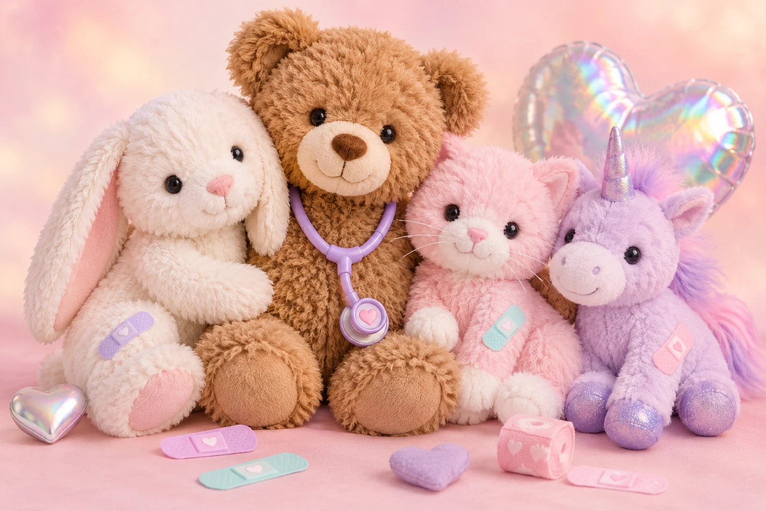 A fluffy teddy bear, bunny, kitten, and unicorn ready for a cuddle check-up