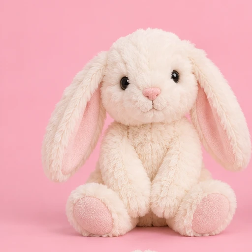 An ivory plush bunny with pink ears